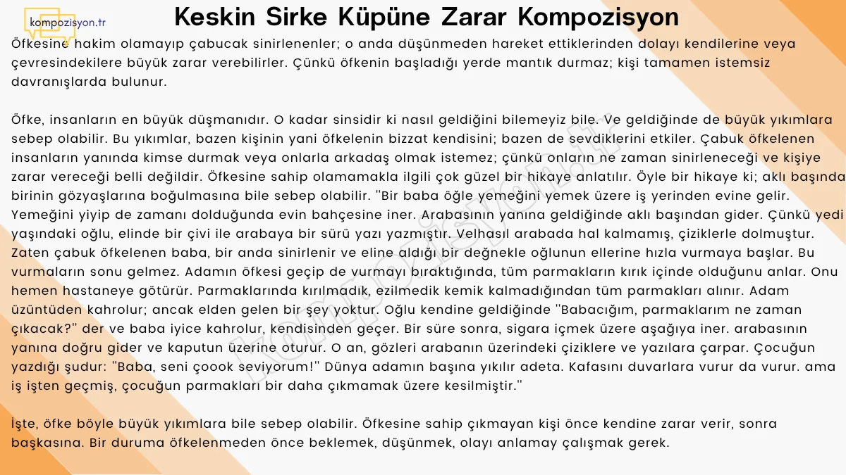 Keskin Sirke Kupune Zarar Atasozu İle İlgili Kompozisyon