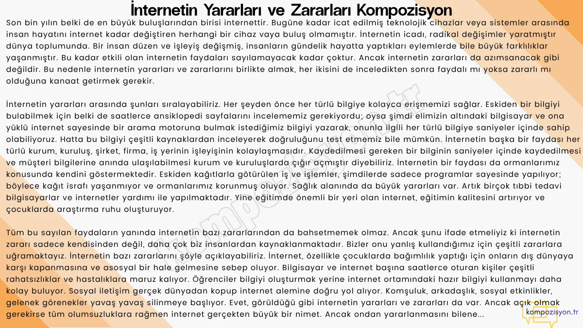 İnternetin Yararları ve Zararları Kompozisyon
