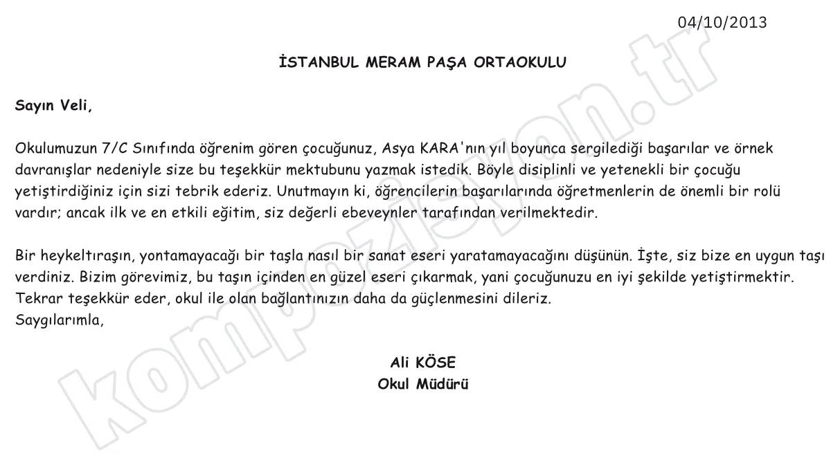 kurum mektup örneği