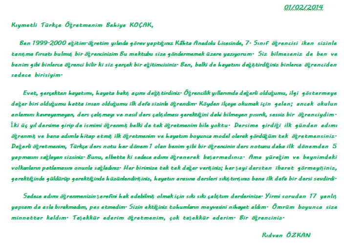 ogretmene mektup ornekleri