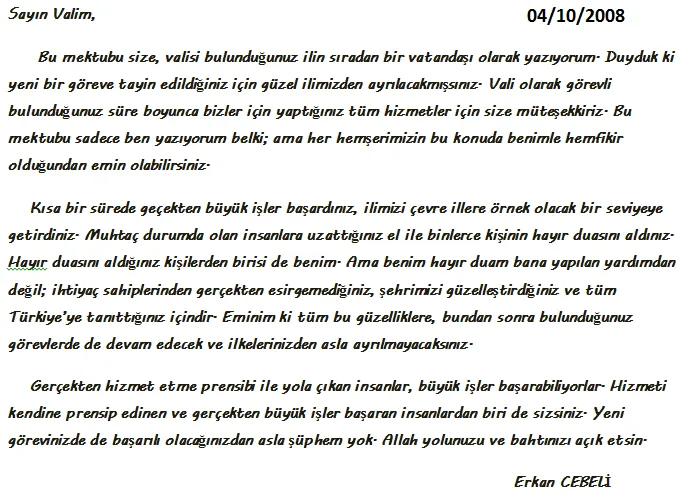 valiye mektup örnegi