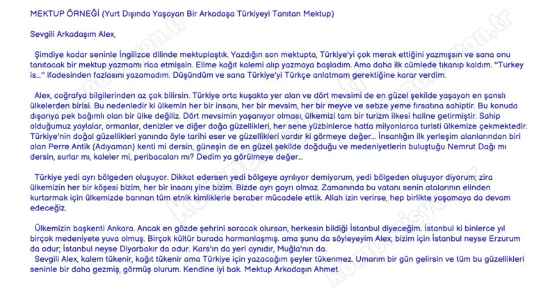 Yurt Dışında Yaşayan Bir Arkadaşa Türkiyeyi Tanıtan Mektup