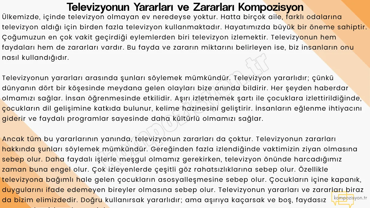 Televizyonun Yararları ve Zararları ile İlgili Kompozisyon