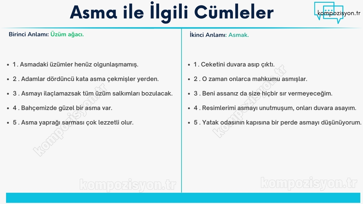 asma ile ilgili cumleler cumle icerisinde kulanimi