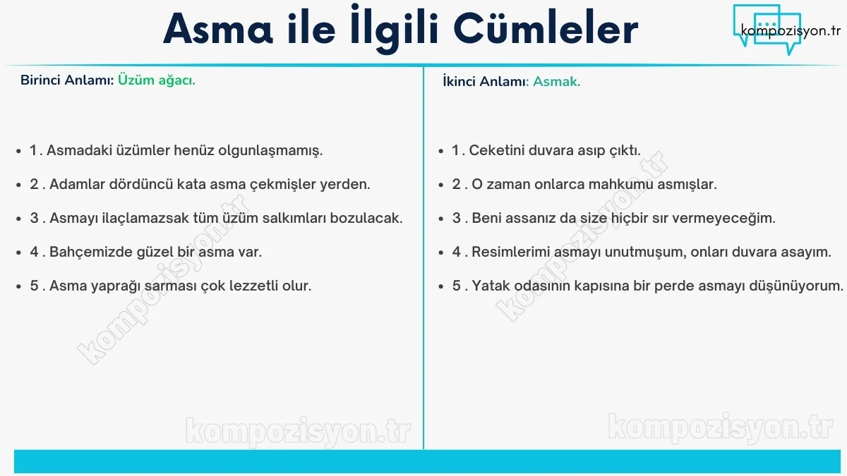 asma ile ilgili cumleler cumle icerisinde kulanimi