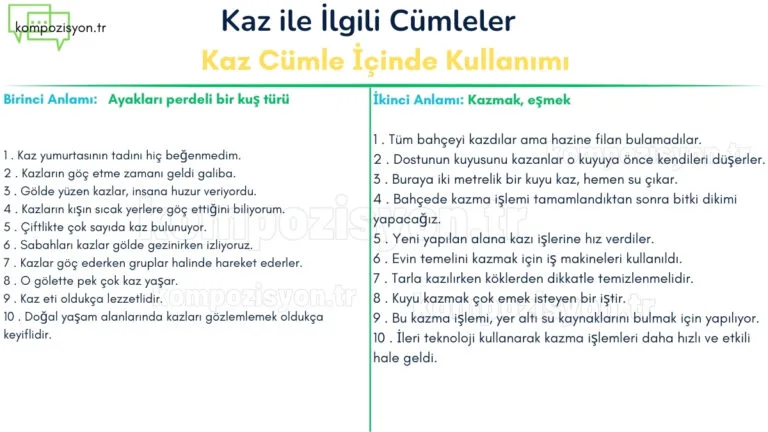 kaz ile ilgili cumleler cumle icerisinde kulanimi