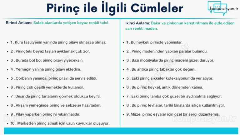 pirinc ile ilgili cumleler cumle icerisinde kulanimi
