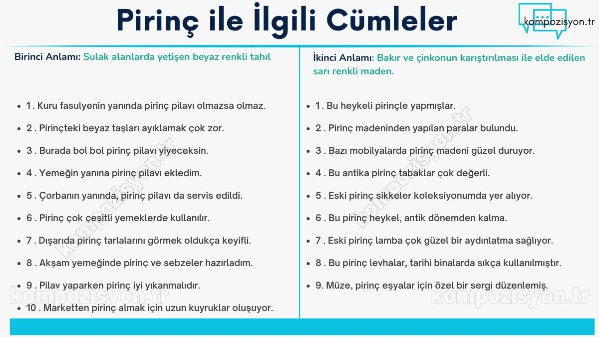 pirinc ile ilgili cumleler cumle icerisinde kulanimi