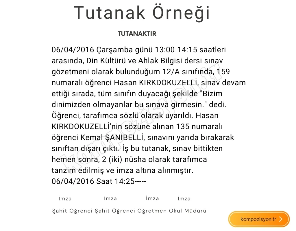 ogrenci tutanak ornegi