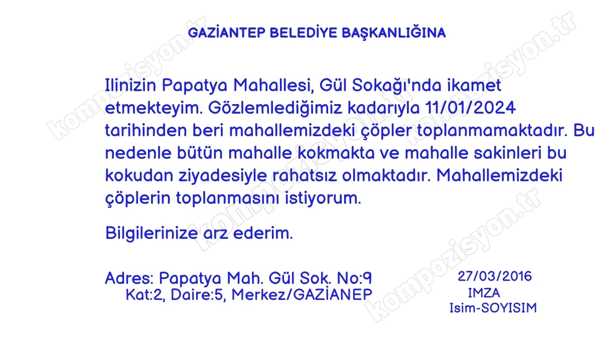 Belediyenin Çöpleri Toplaması İçin Dilekçe Örneği